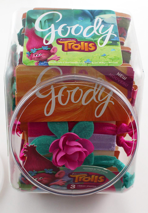 CHECKOUT CANISTER of 15 GOODY Girls Trolls Hugtime Ribbon Hair Elastics